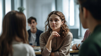 young brunette woman in a meeting, work or university - Generative AI