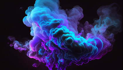 Neon blue and purple multicolored smoke puff cloud Created with Generative AI technology