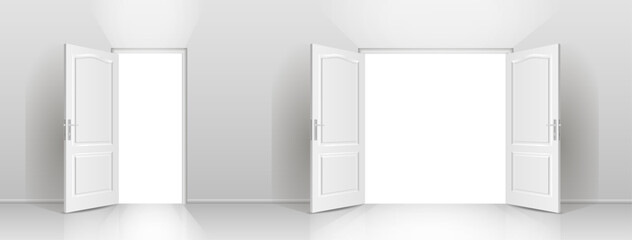 The interior of an empty room with a white wall and an open door.
Free space for copying a 3d image.