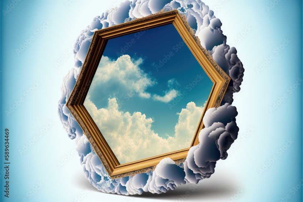 Poster frame made with white cloud in the sky in hexagon shape. concept of fantasy luxurious window. finest