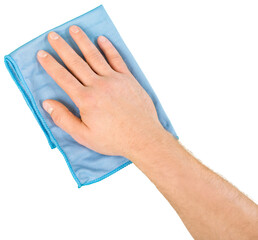 Hand and blue rag cleaning  isolated on white