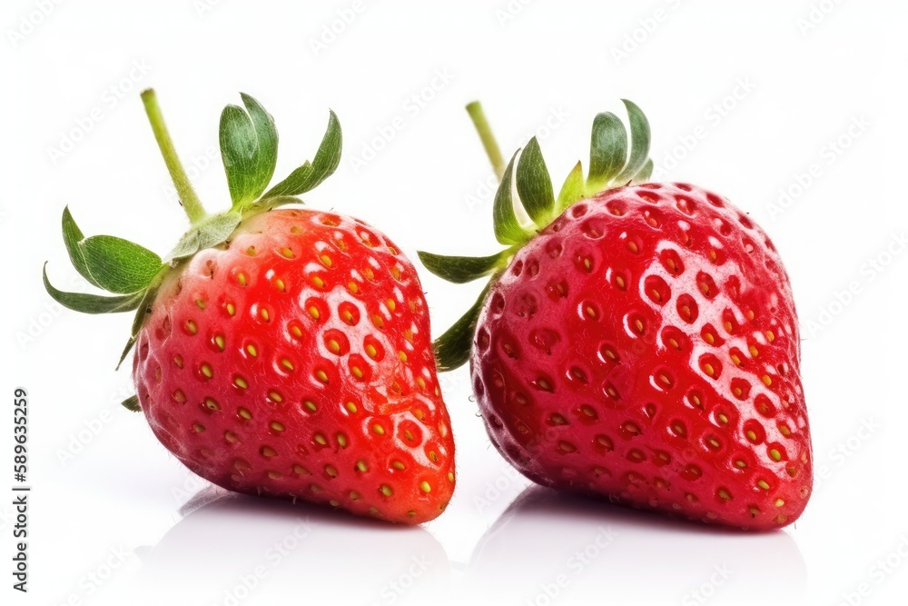 Poster two strawberries close up on white background created with generative ai technology