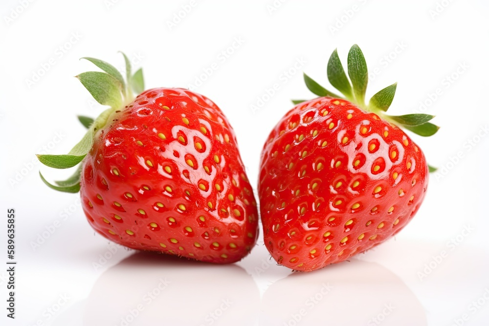 Poster two strawberries close up on white background created with generative ai technology