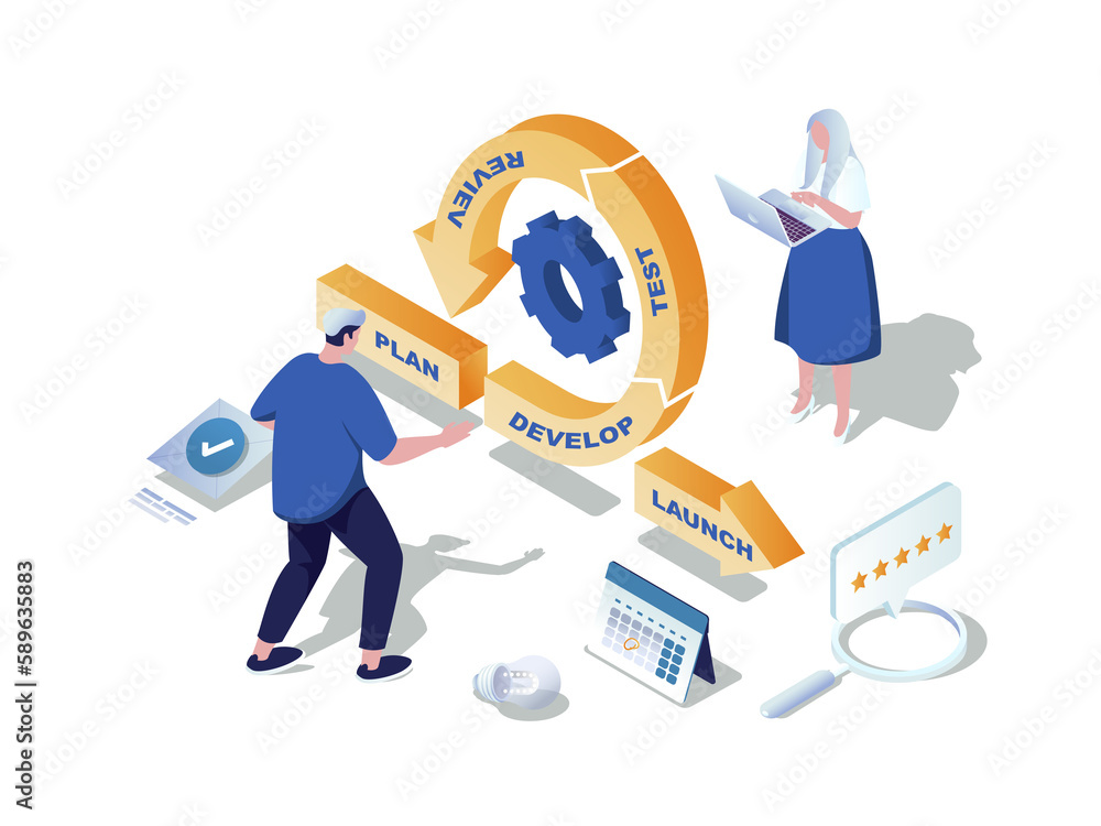 Aufkleber Agile development concept 3d isometric web scene. People working with process of plan, develop software, test, review, launch and other devops cycle. Illustration in isometry graphic design