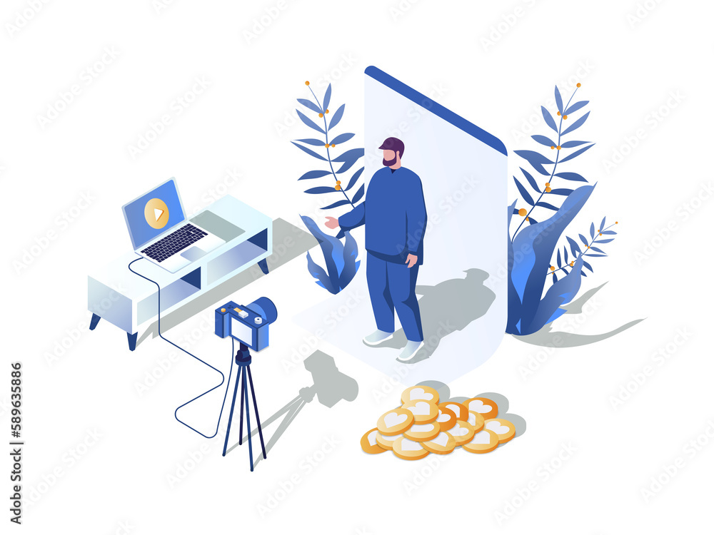 Poster blogging concept 3d isometric web scene. people working as bloggers, creating content for followers,