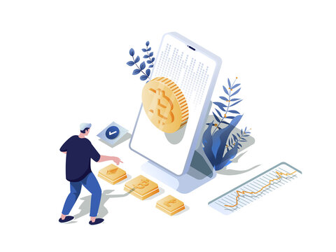 Cryptocurrency concept 3d isometric web scene. People mining crypto money, buying or selling bitcoins and other digital currencies at marketplaces. Illustration in isometry graphic design