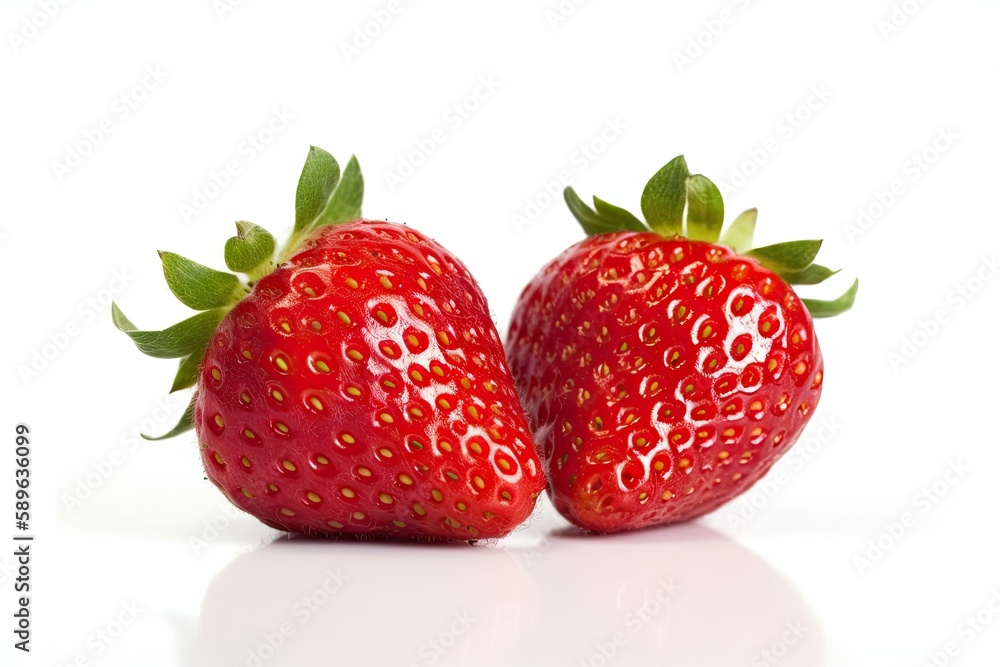 Poster two strawberries close up on white background created with generative ai technology