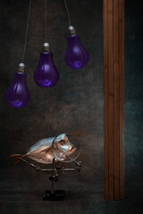 Still life with moonfish, light bulbs and a wooden figure