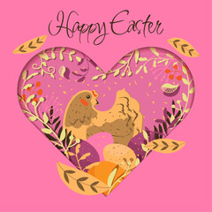 Happy easter! Vector cute illustrations of colorful paper cut with easter eggs, chicken, flowers,  and a festive frame with greeting text for a greeting card, poster or background