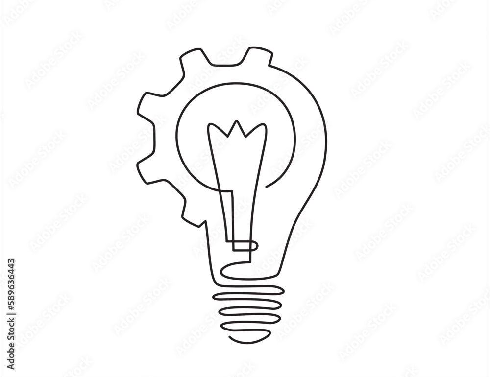 Poster continuous line drawing of lightbulb with cogwheel on white isolated background. idea business conce