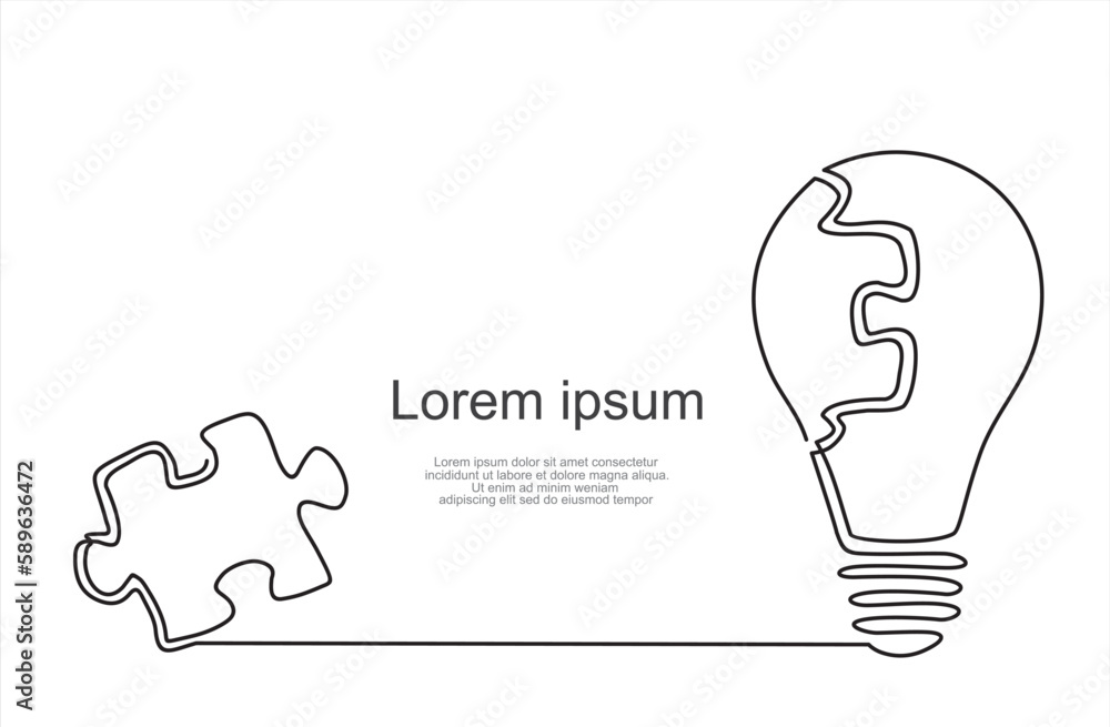 Poster continuous one line drawing of light bulb and grup of puzzle. puzzle game symbol and iconic business