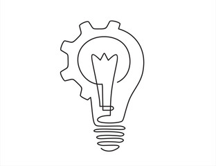 Continuous line drawing of Lightbulb with cogwheel on white isolated background. Idea business concept.