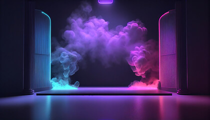 Neon empty stage with neon smoke in back with spot light Created with Generative AI technology