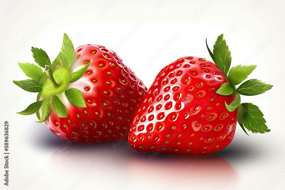 Poster two strawberries close up on white background created with generative ai technology