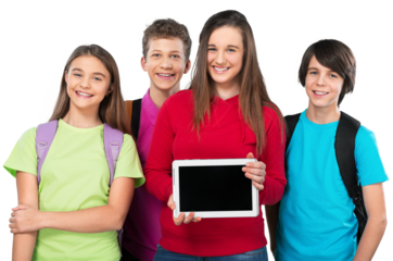 Smiling School Children with Backpacks and Tablet