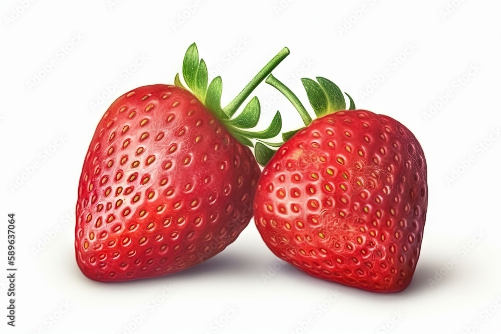 Poster two strawberries close up on white background created with generative ai technology