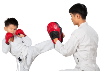 Asian Little Karate Boy and hid Teacher in White Kimono