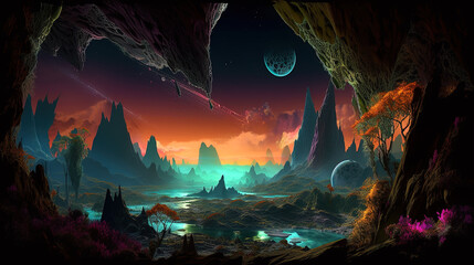 Alien Planet with Mountains, Blue Colors, Sunset and Moon, generative ai