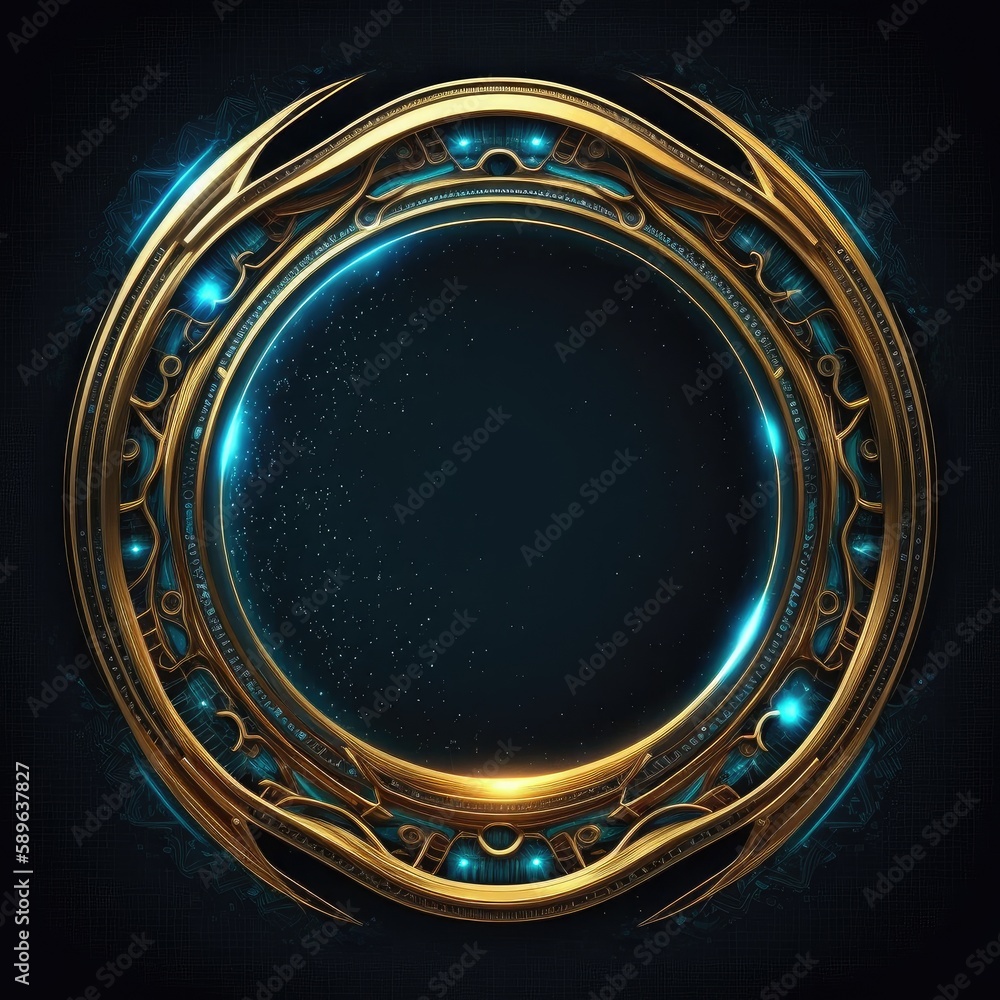 Poster abstract art of thick glowing golden and blue circle frame with vivid in chevrons game design. creat