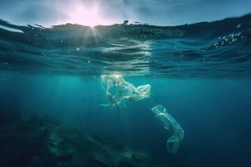 Plastic pollution in ocean. Generative AI