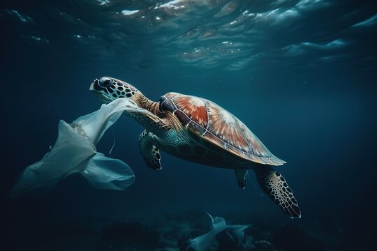 Plastic Pollution In Ocean - Turtle Eat Plastic Bag - Environmental Problem. Generative AI
