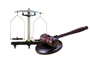 Judge's gavel and scales isolated on white background as symbol of justice with gavel, rule of law...