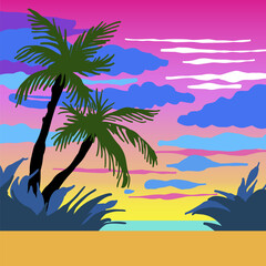 Fototapeta na wymiar Abstract tropical landscape with palm trees at sunset.