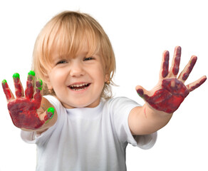 Little girl showing painted hands on white background
