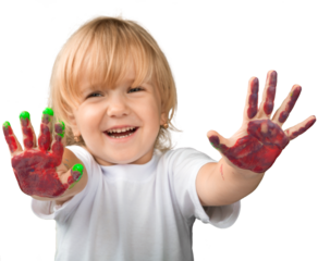 Little girl showing painted hands on white background