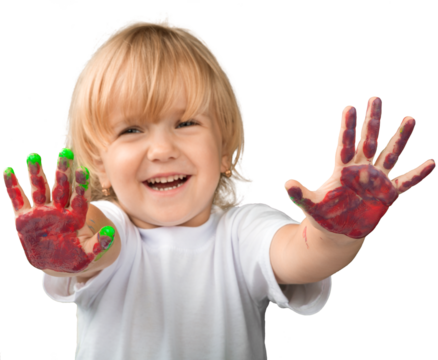 Little girl showing painted hands on white background