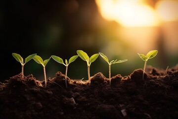 Seedling are growing from the rich soil with business arrow of growth Concept of business growth, profit, development and success. Generative AI