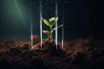 Seedling are growing from the rich soil with business arrow of growth Concept of business growth, profit, development and success. Generative AI