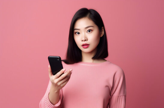 Asian woman with smart phone on pink background - Generative AI