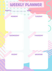 Weekly planner template with colorful hand drawn geometric background. Flat style. Vector illustration.