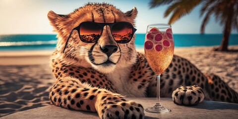 cheetah is on summer vacation at seaside resort and relaxing on summer beach