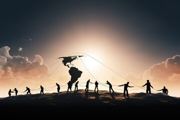 Fototapeta na wymiar Silhouettes of people pulling Earth plane with rope Elements of this image are furnished by NASA. Generative AI