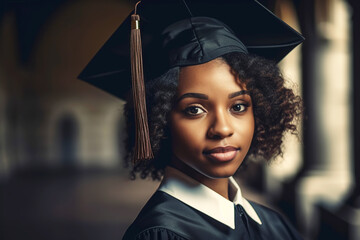 Beautiful black american woman wearing a graduation cap. Study, education, university, college, graduate concept. Generative AI illustration - Powered by Adobe