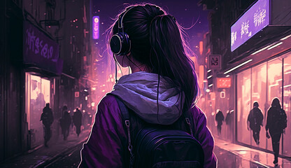 Girl in Headphones at Purple Tokyo-style Night City, generative ai