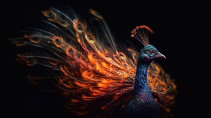 Elegant colourful portrait of a peacock at sunset. AI generated