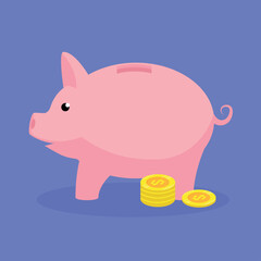 Piggy bank with coins. Vector illustration in flat style.