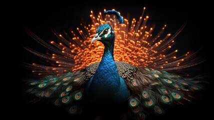 Elegant colourful portrait of a peacock at sunset. AI generated