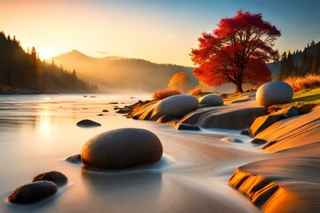 A Slice of Paradise: Sunrise on the River with Red Tree and Stones. Generative AI