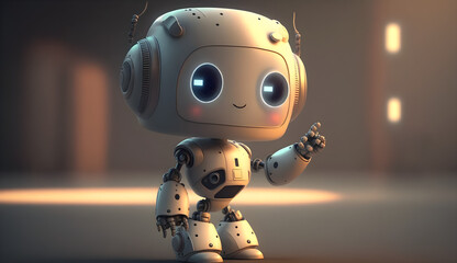 Positive cute robot pointing at a space. Copy space, ai generated