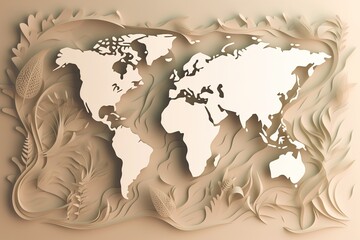 World Earth day concept 3d paper cut eco friendly design Vector illustration Paper carving Earth map shapes with shadow. Generative AI