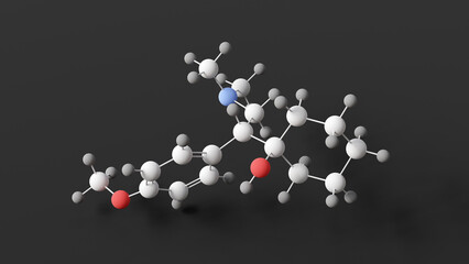 venlafaxine molecule, molecular structure, serotonin-norepinephrine reuptake inhibitors, ball and stick 3d model, structural chemical formula with colored atoms
