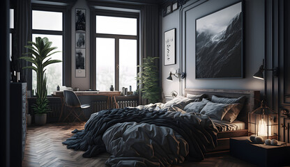 bedroom in the morning. dark bed design. AI-generated