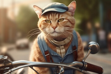 Cat cyclist in a cap in vintage style illustration. Generative AI