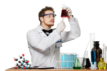 Scientist man with colored liquid in his laboratory
