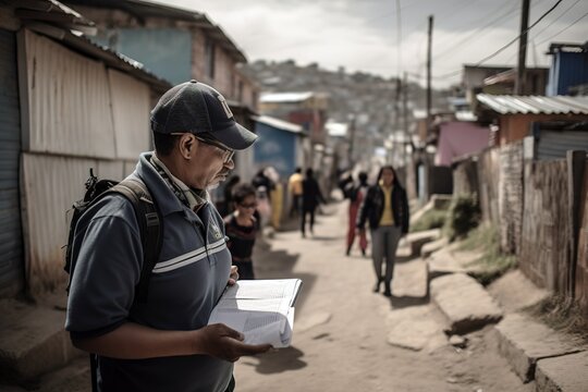 Social worker man walking in poor neighborhoods. Generative AI