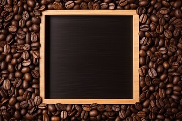 Wooden frame with coffee beans over dark background with copy space in the middle. Generative AI